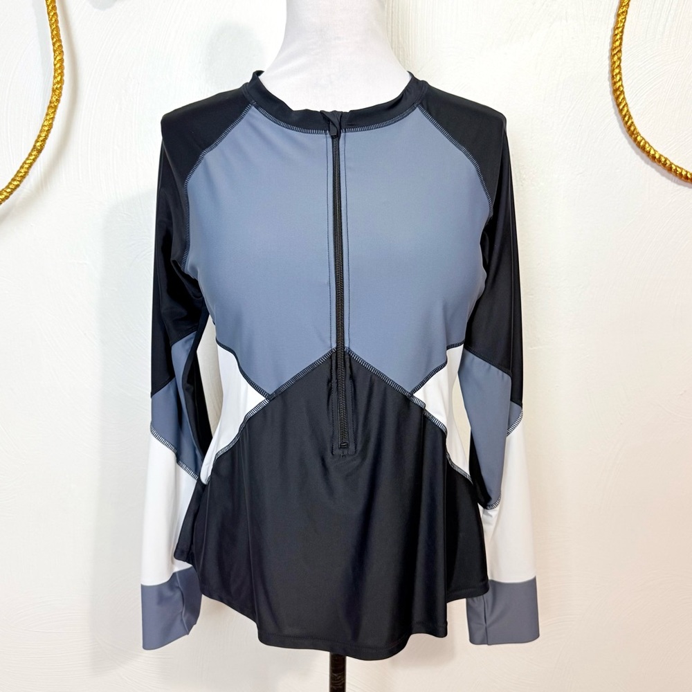 Women’s PLUS SIZE Rash Guard Long Sleeve Swim Shirt Zip Front UPF 50+ size 2XL